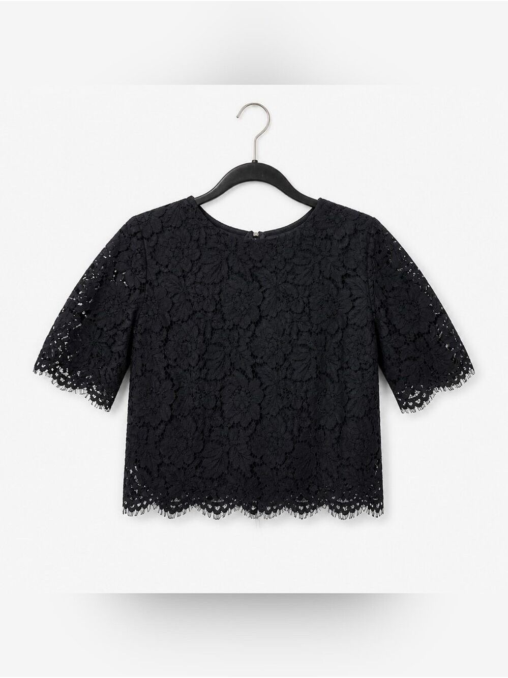 Women Black Lace Short Sleeve Halter Top Lined XL